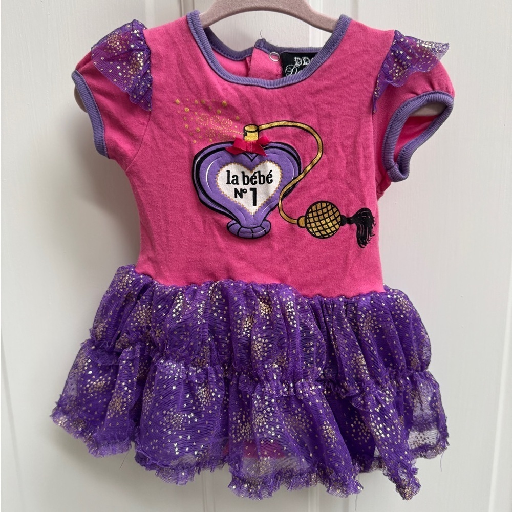 DDG Darlings 6-9M Pink & Purple Girls La Bebe 1 Perfume Short SleeveDress Onesie